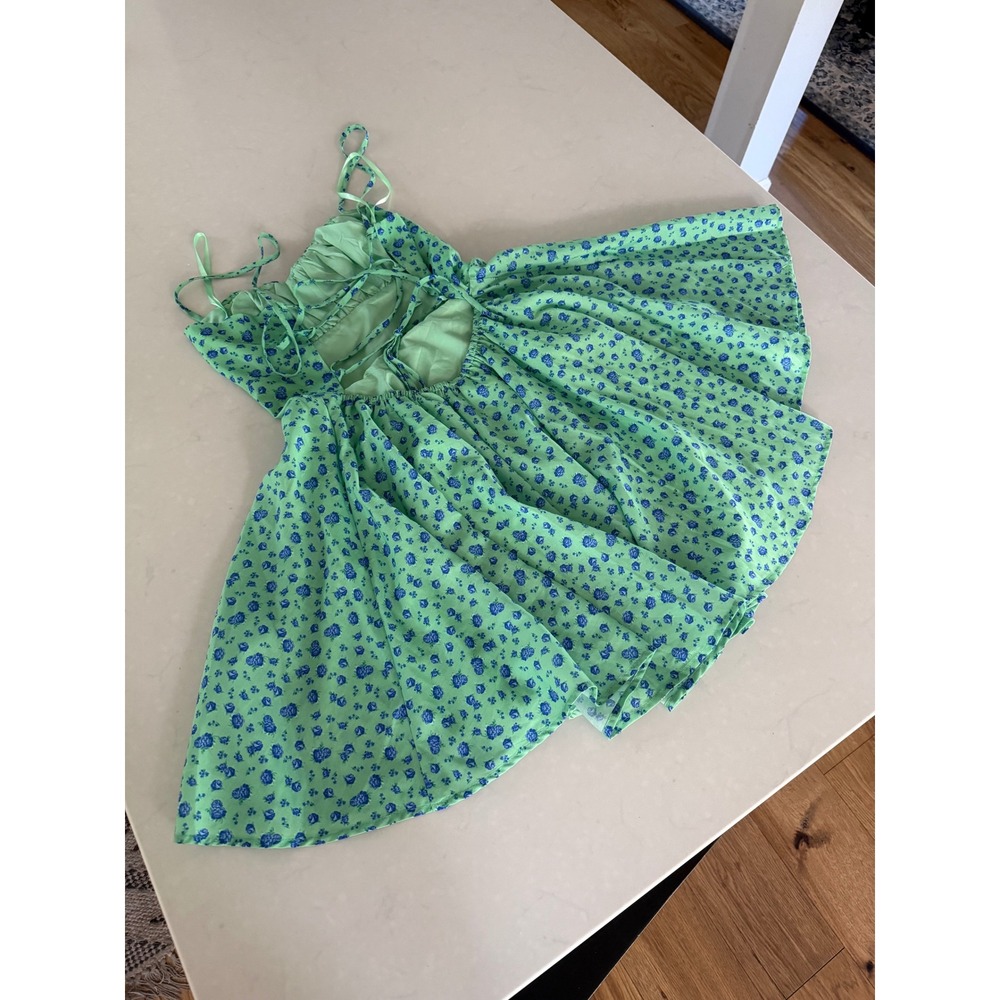 Windsor Green Blue Floral Rose Lace Up Back Mini Dress D18437 Womens Medium - Picture 5 of 8